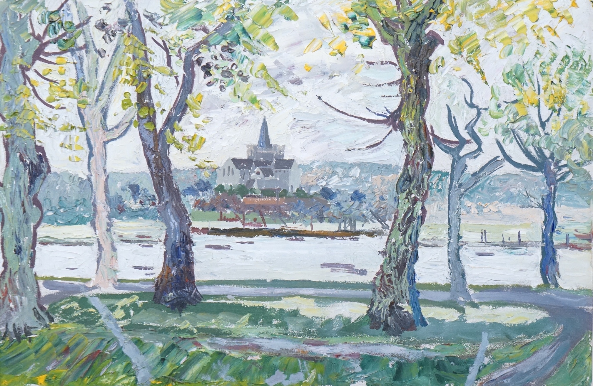J C V Brooks, Riverscape with church beyond, signed verso, impasto oil on canvas, 44 x 67cm